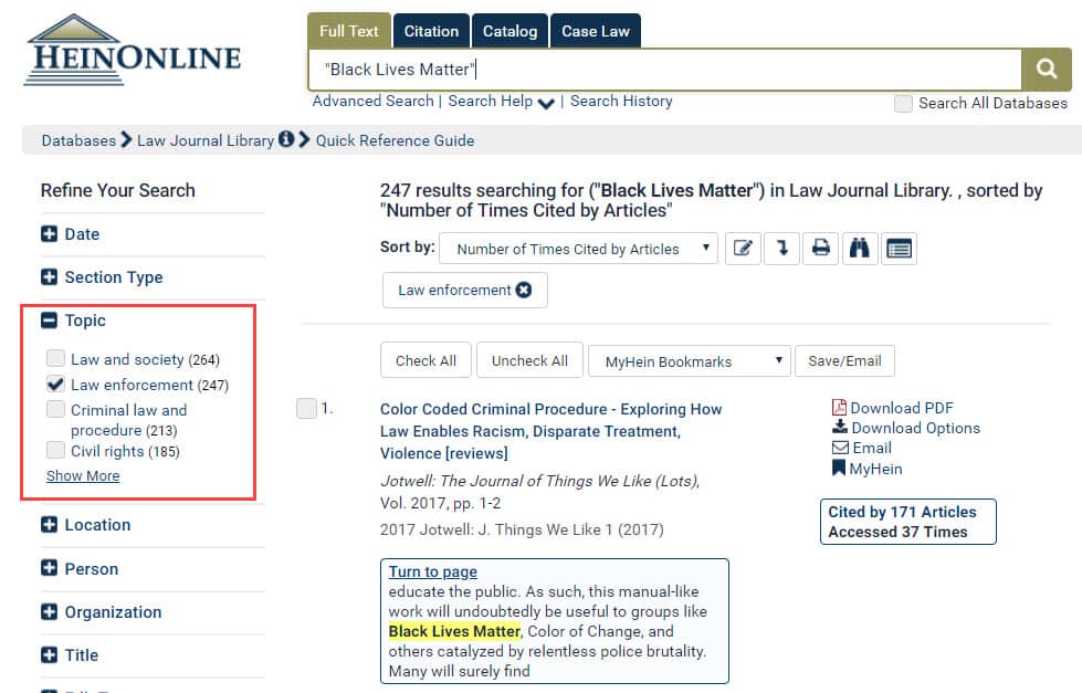 HeinOnline search results showing Refine Your Search by Topic facet