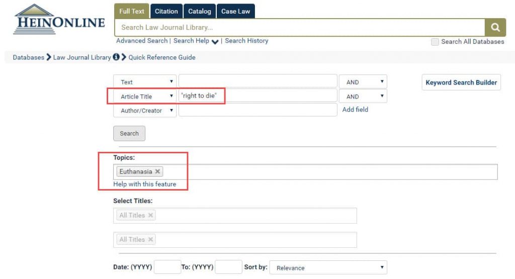 Screenshot of HeinOnline's Law Journal Library advanced search options