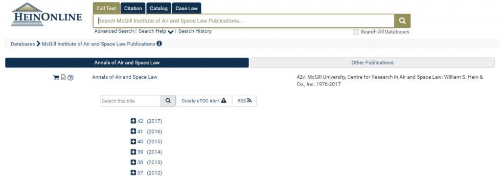 Screenshot of McGill Institute of Air and Space Law Publications welcome page in HeinOnline