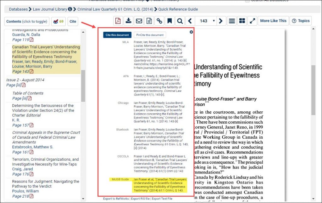 Screenshot showing McGill Guide citation format