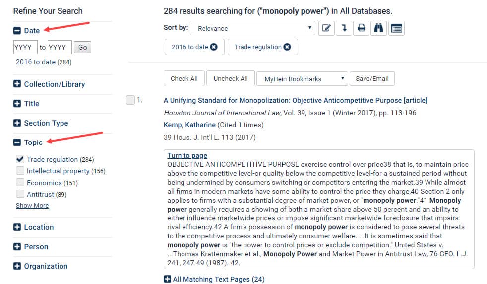 Screenshot of results page and Topic Search in HeinOnline