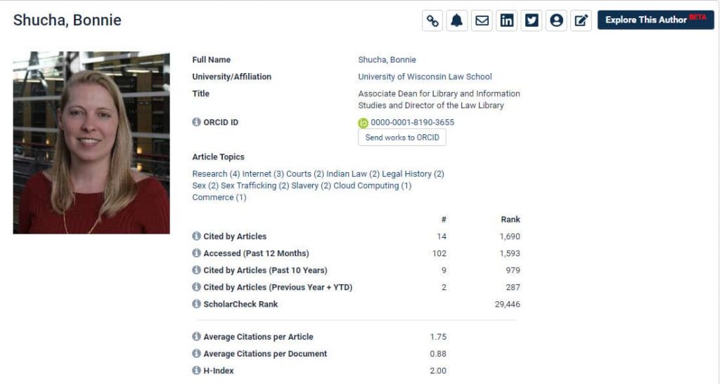 Screenshot of Bonnie Shucha‘s author profile page in HeinOnline