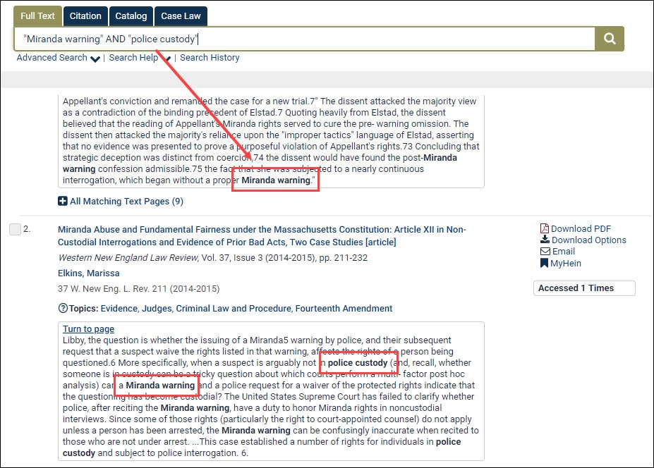 Screenshot showing bold matching text in HeinOnline search results