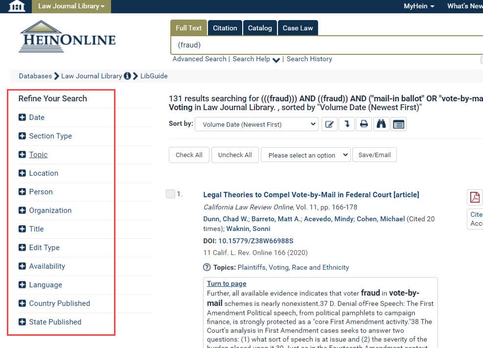Screenshot of Search Within Results Tool in HeinOnline 