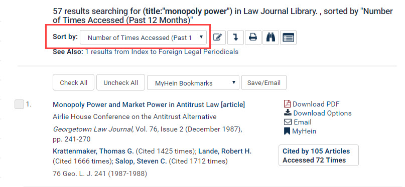 Screenshot of most accessed articles tool in HeinOnline