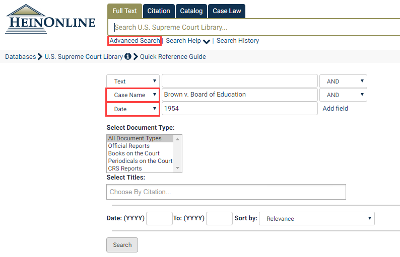 Screenshot of Brown v. Board of Education Advanced Search in HeinOnline