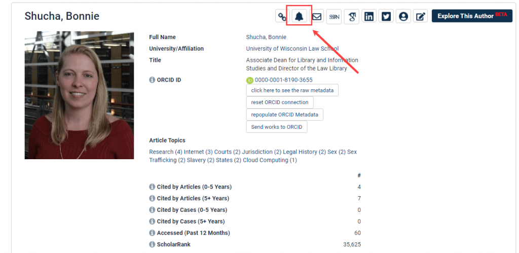 Screenshot of author profile page feature case citation alert icon