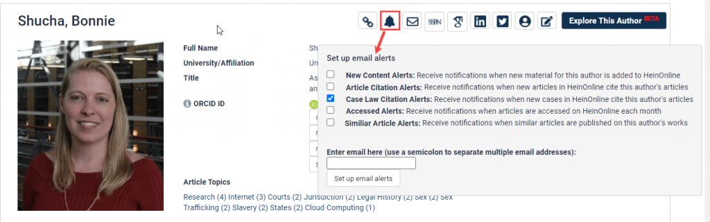 Screenshot of author profile page feature case citation alert set up