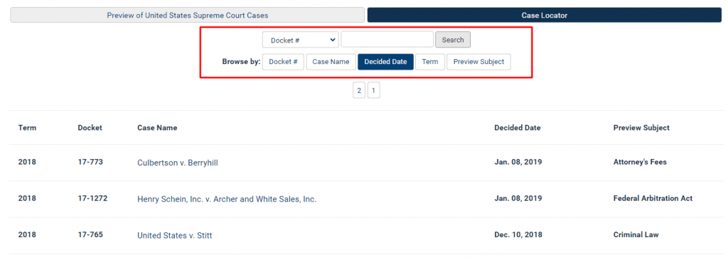 Screenshot of case locator in Preview of the United States Supreme Court Cases