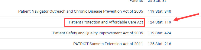 Screenshot of Patient Protection and Affordable Care Act Search HeinOnline