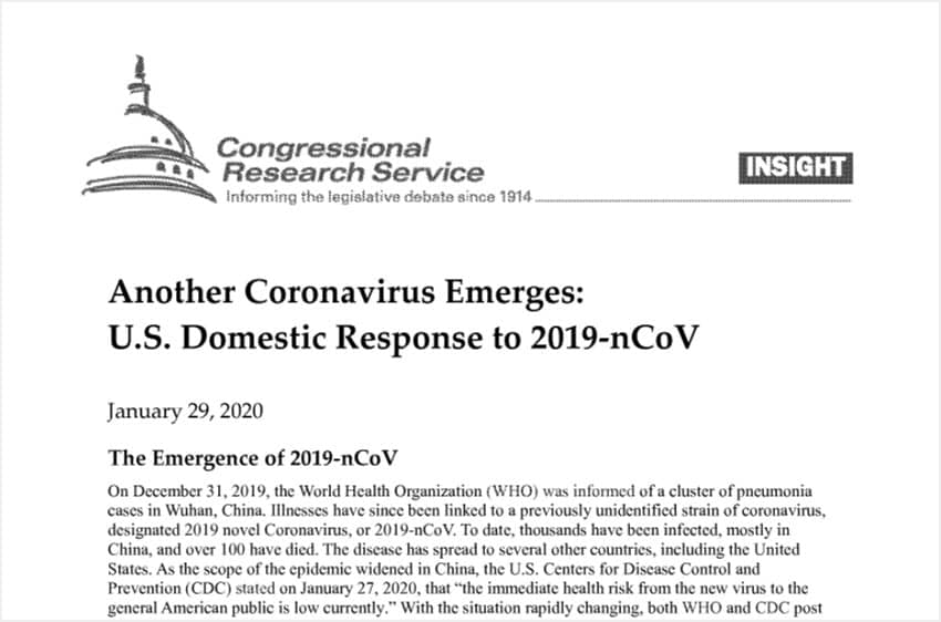 Screenshot of a CRS report on 2019-nCoV