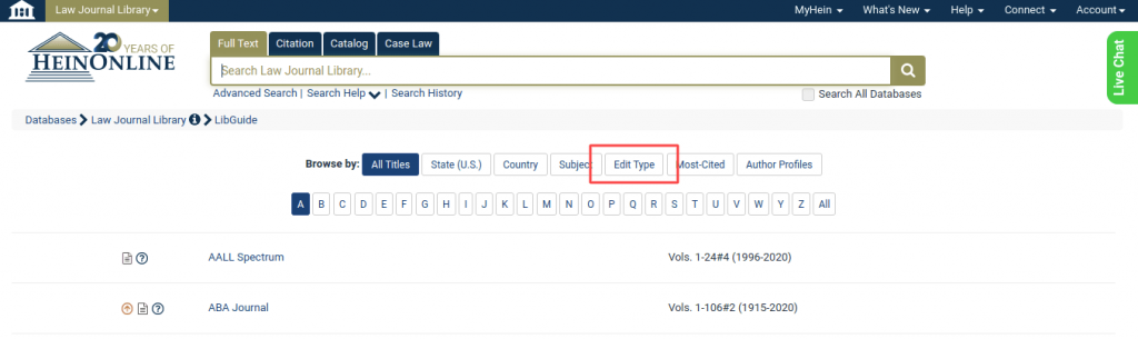 Screenshot of the Law Journal Library search by Edit Type