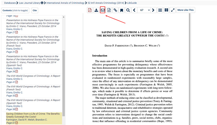 Screenshot of article in Law Journal Library showing email icon