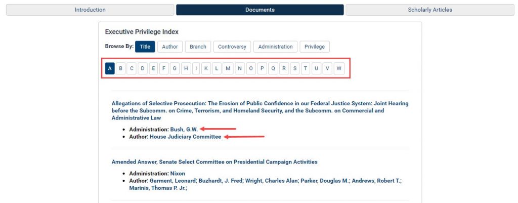Screenshot of browse options in Executive Privilege
