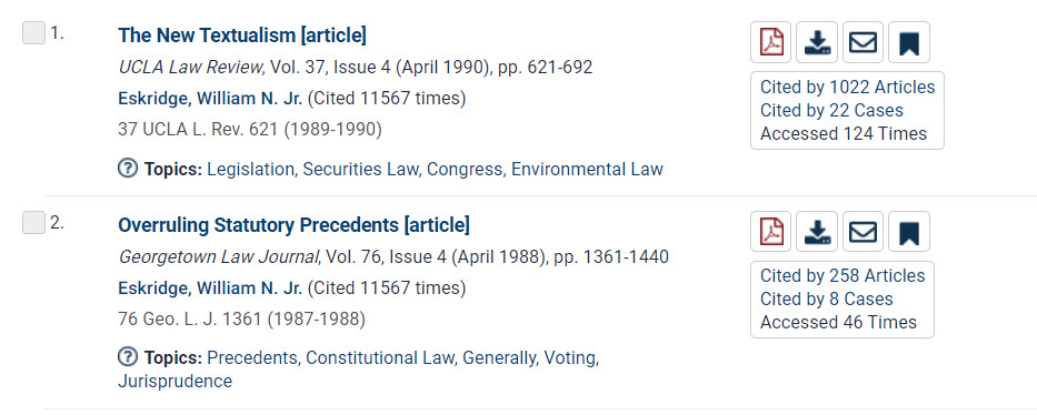 Screenshot of articles Barrett has cited in her scholarly work in HeinOnline