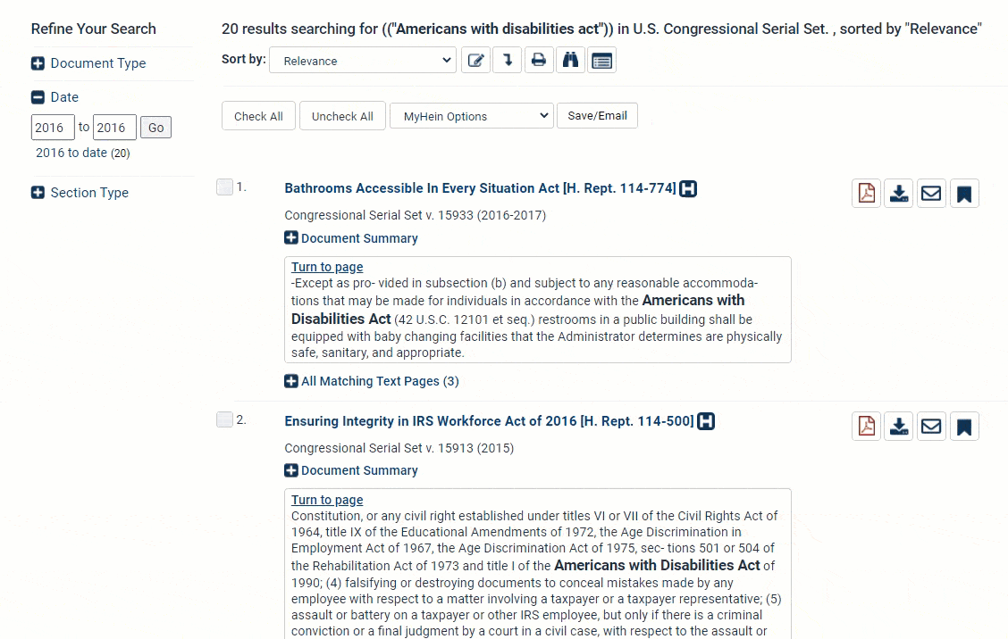 Gif showing U.S. Congressional Serial Set search results and how to search within the results
