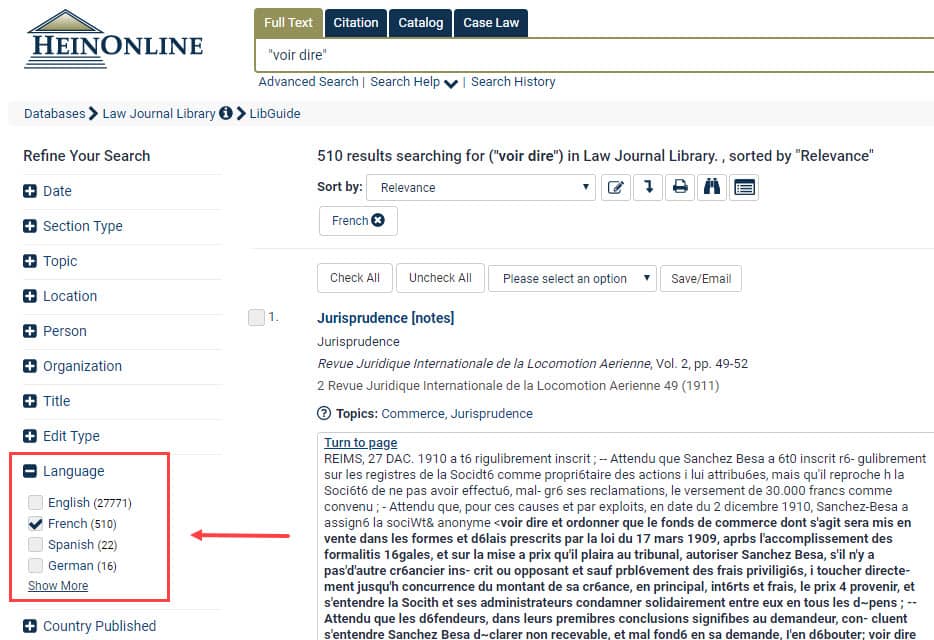 Law Journal Library search results showing the Language refine search facet