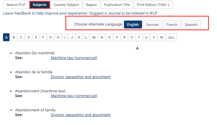 IFLP Subjects tab showing alternate language options
