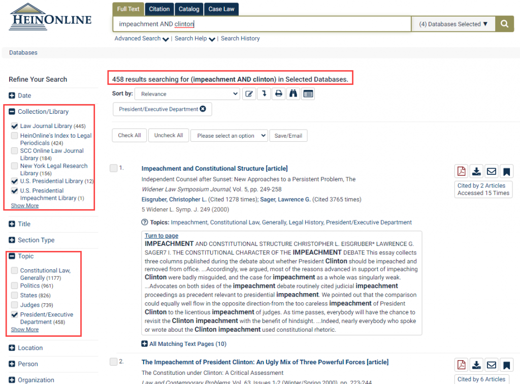 HeinOnline search results showing filtering by collection and topic