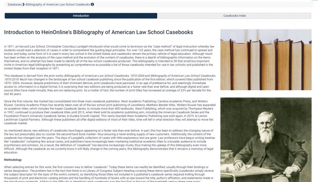 Screenshot of Bibliography of American Law School Casebooks welcome page
