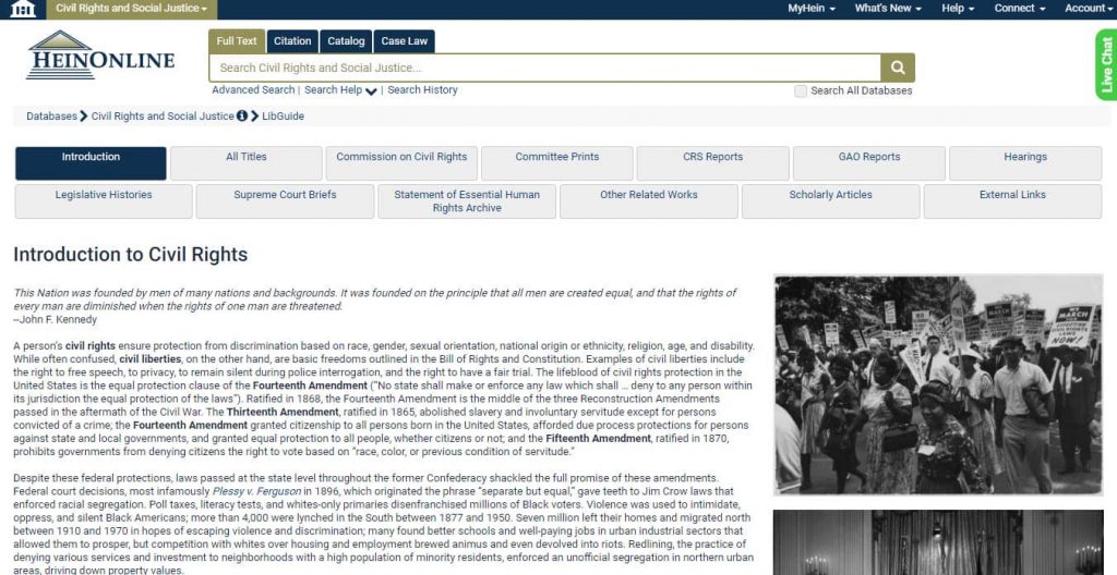 Screenshot of Civil Rights and Social Justice welcome page