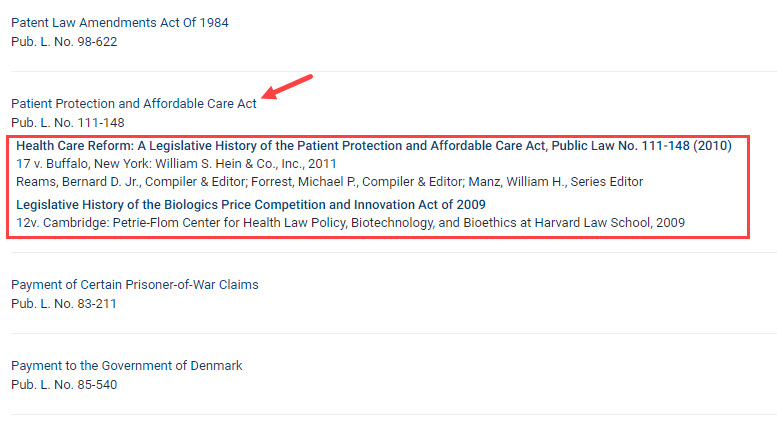 Screenshot of Patient Protection and Affordable Care Act Result in HeinOnline