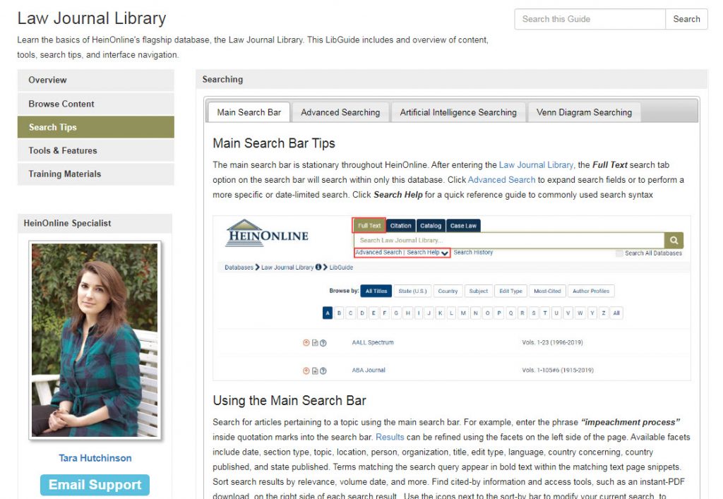 Screenshot of Law Journal Library  LibGuide in HeinOnline