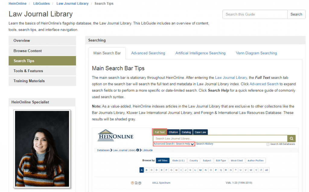 Screenshot of Law Journal Library LibGuide Search Tips