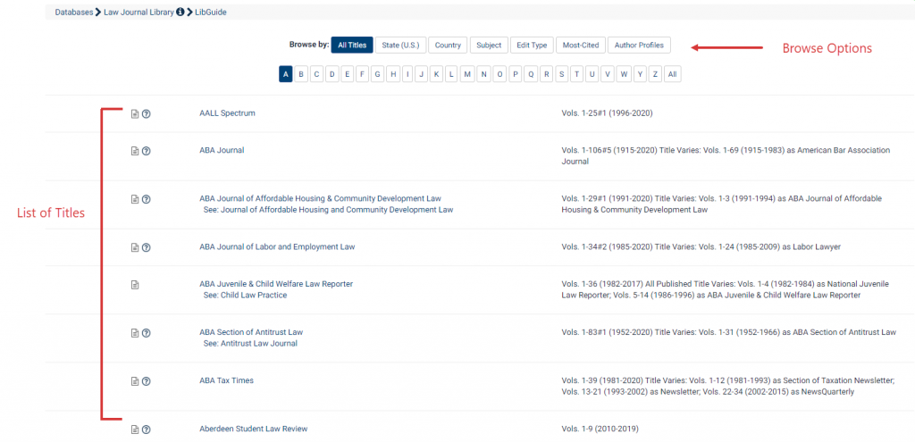 Screenshot of landing page of the Law Journal Library