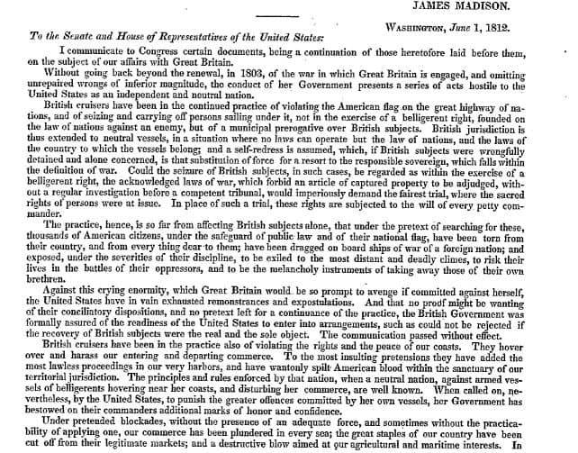 James Madison declaration of war 1812