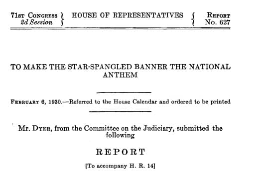 House of Representatives document on the Stat-Spangled Banner
