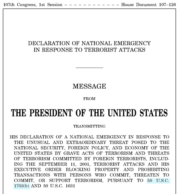 Screenshot of the Declaration of National Emergency in Response to Terrorist Attacks