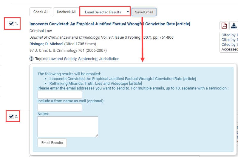 Screenshot of Email Selected Results in HeinOnline
