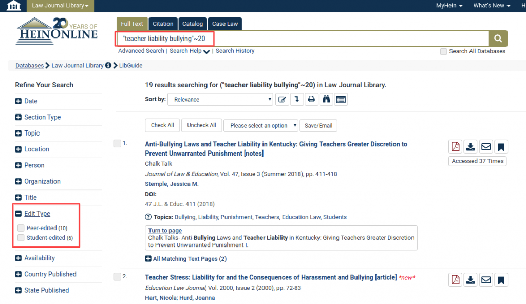 Law Journal Library results page showing Edit Type refine facet