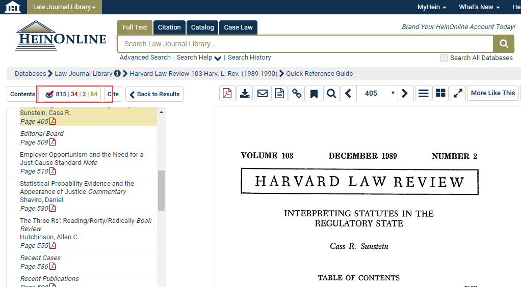 Screenshot of HeinOnline article showing new ScholarCheck appearance