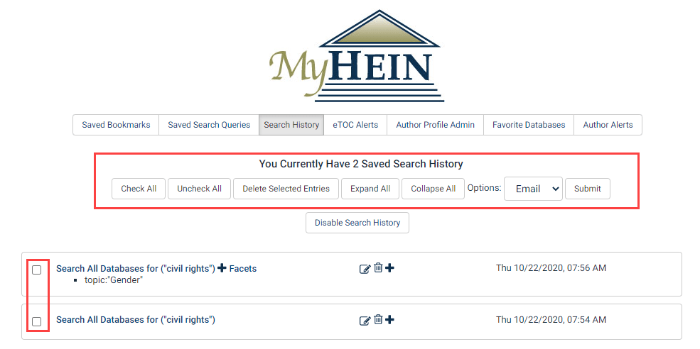 MyHein screenshot showing saved search history