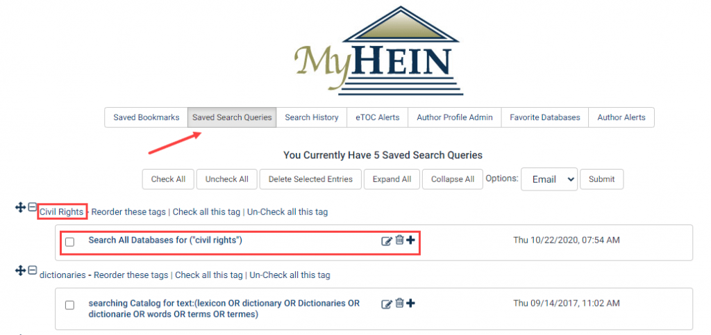 MyHein screenshot showing Saved search queries