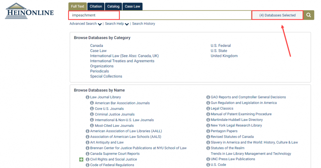 Screenshot of a HeinOnline search showing that four databases are selected