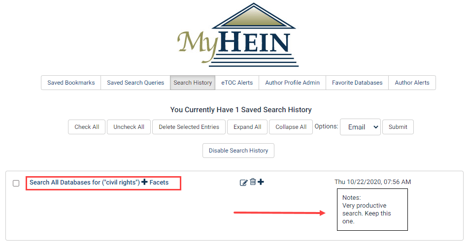 MyHein Search History trash icon