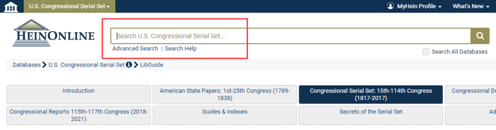 Screenshot showing the search bar within the U.S. Congressional Serial Set