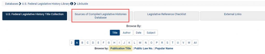 Screenshot of Sources of Compiled Legislative Histories Database in HeinOnline