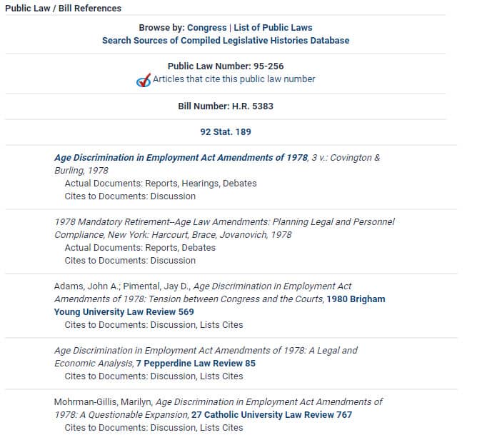 Screenshot of public law / bill references in Civil Rights database