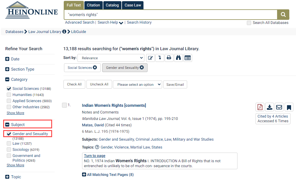 Subject search example within HeinOnline