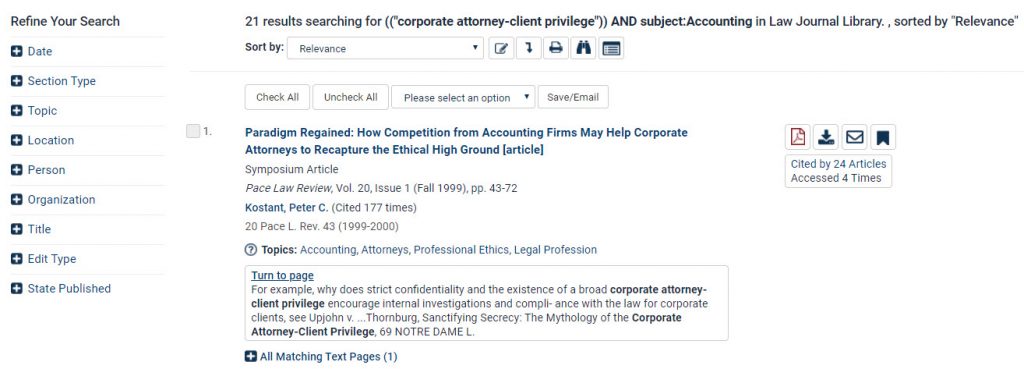 Screenshot of results in Advanced Search option from the Law Journal Library