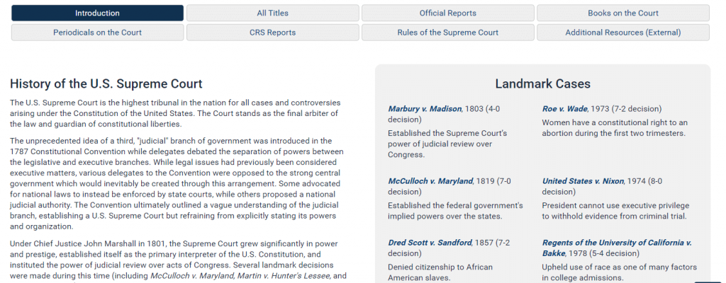 Screenshot of the History of the U.S. Supreme Court Library welcome page