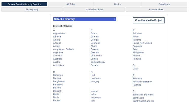 Screenshot of country list in World Constitutions Illustrated