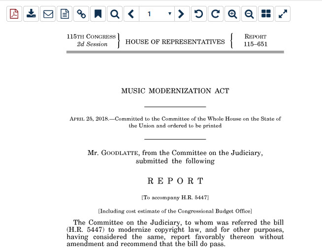 Screenshot of first page of Music Modernization Act