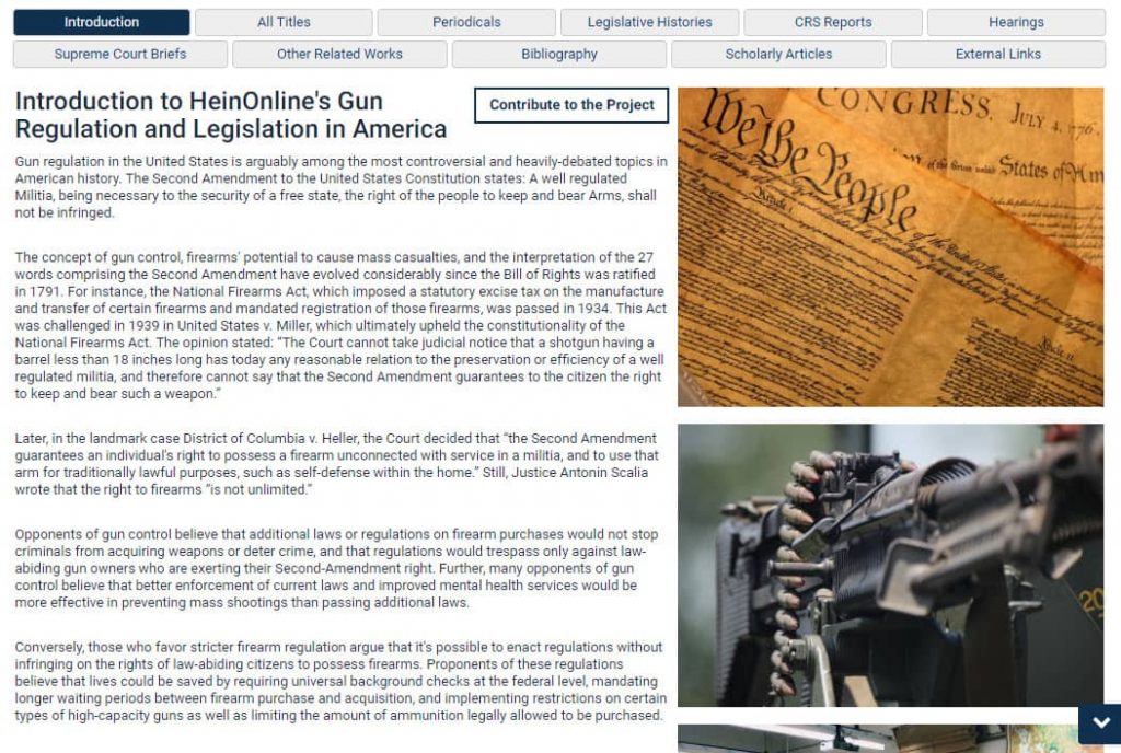 Screenshot of Introduction to Gun Regulation and Legislation in America database in HeinOnline