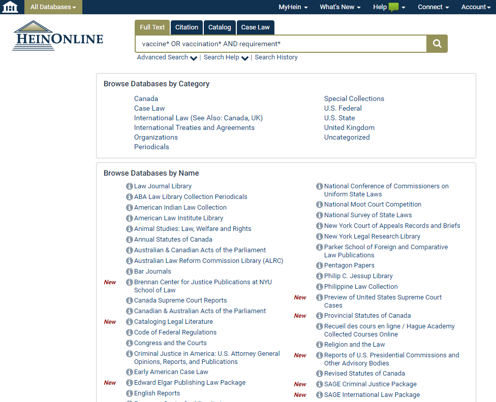 Screenshot of HeinOnline Welcome Page showing full text search