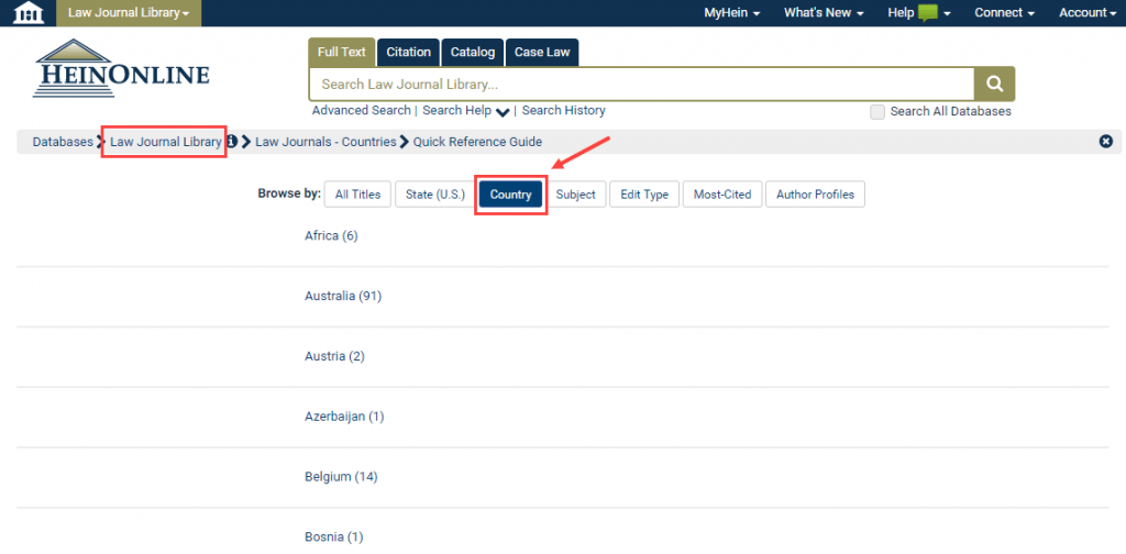 Screenshot of the Law Journal Library browse by Country